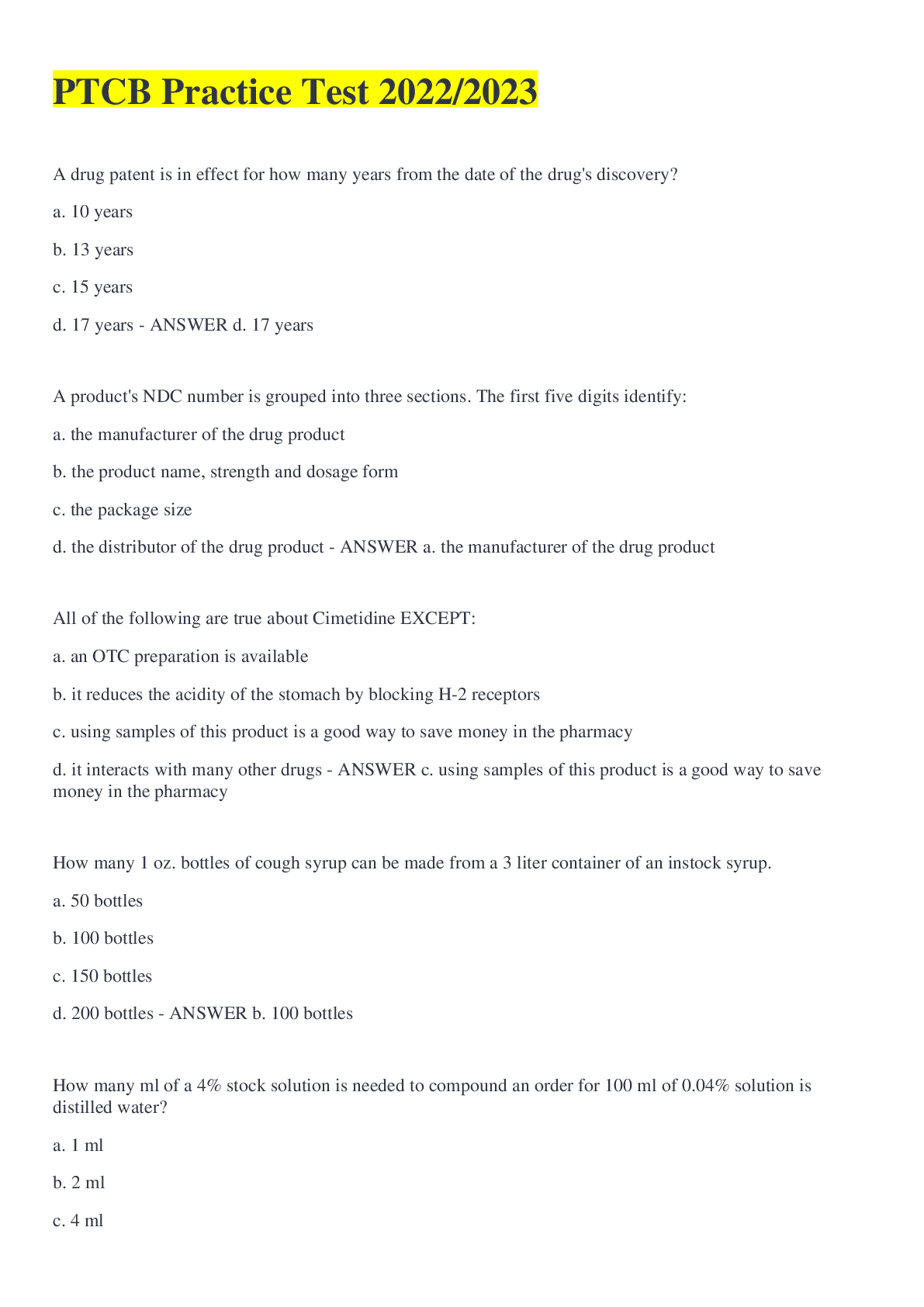 Preview image of PTCB Practice Test 2022/2023 document